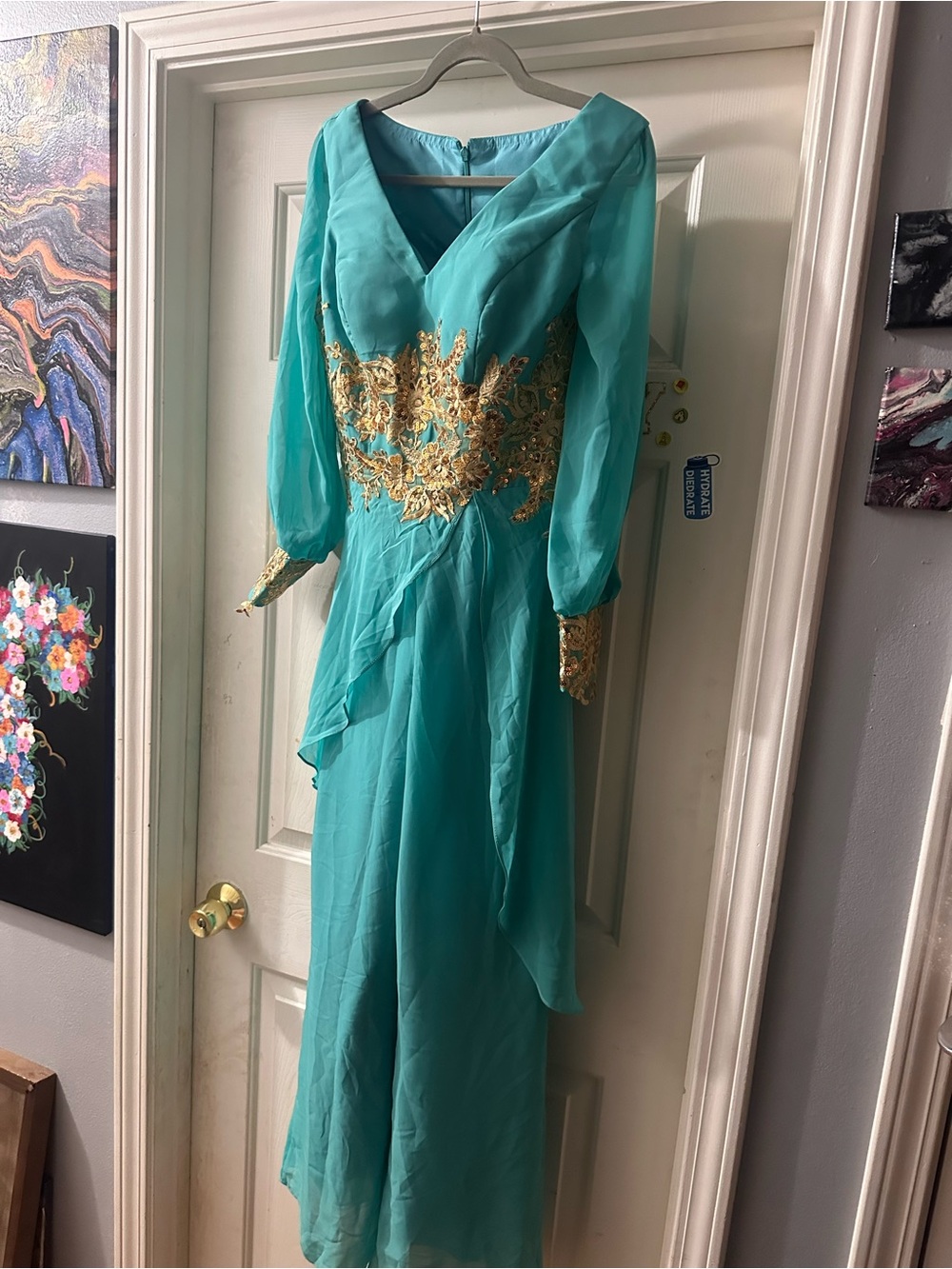 Elegant Teal Evening pantsuit with Gold Embroidery